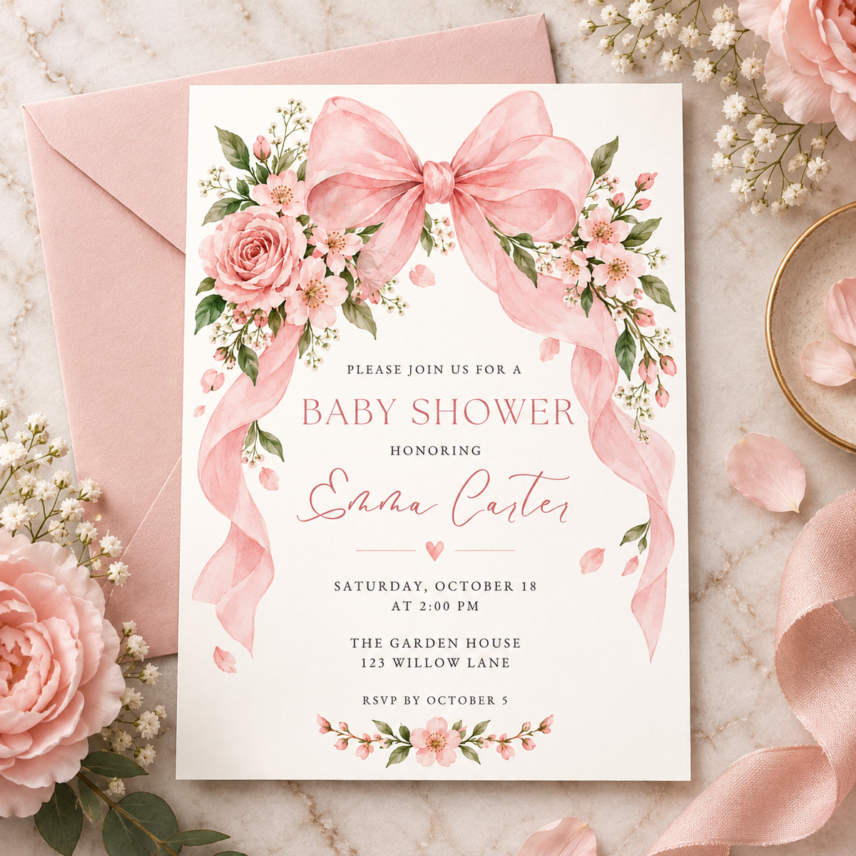 Pink bow baby shower invitation on a pink envelope with roses