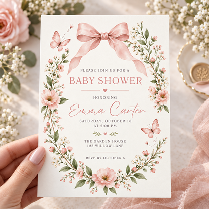 Pink wildflower baby shower invitation held in a hand beside roses
