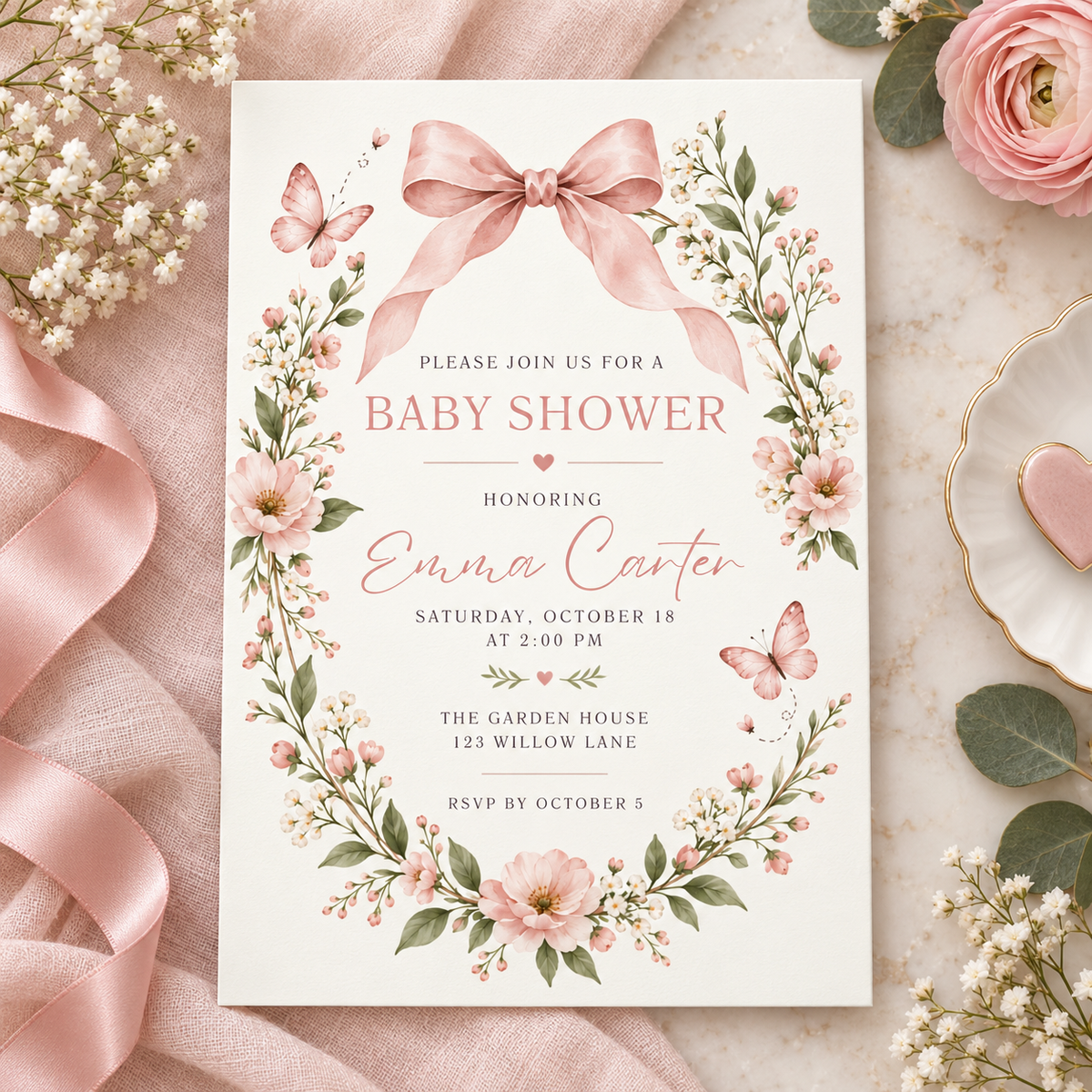 Floral wreath baby shower card with bow on blush linen with baby's breath