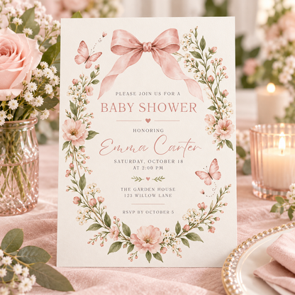 Butterfly wreath baby shower invitation in a table scene with candles