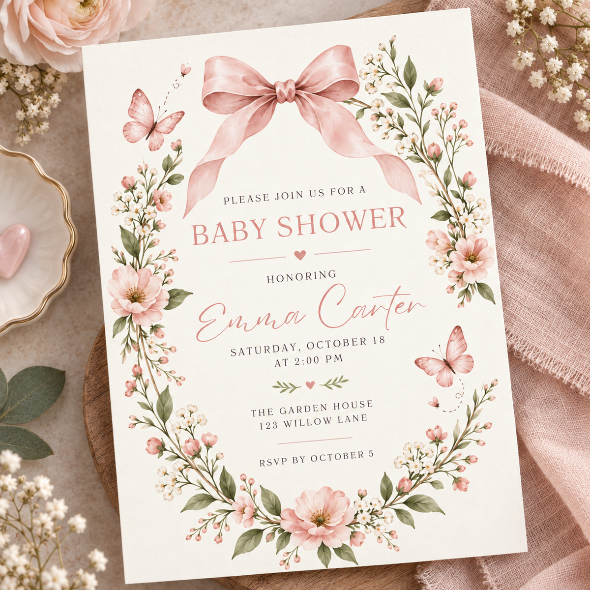 Angled pink bow wildflower baby shower invitation on a pink cloth