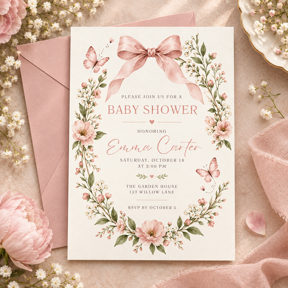 Pink wildflower baby shower invitation on a pink envelope with roses