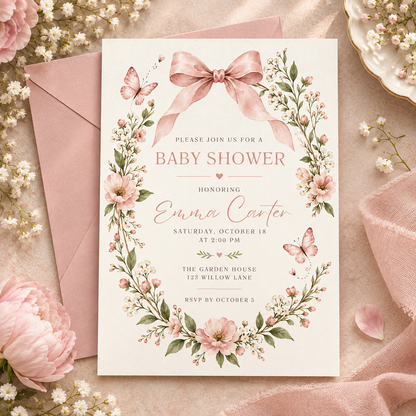 Pink wildflower baby shower invitation on a pink envelope with roses