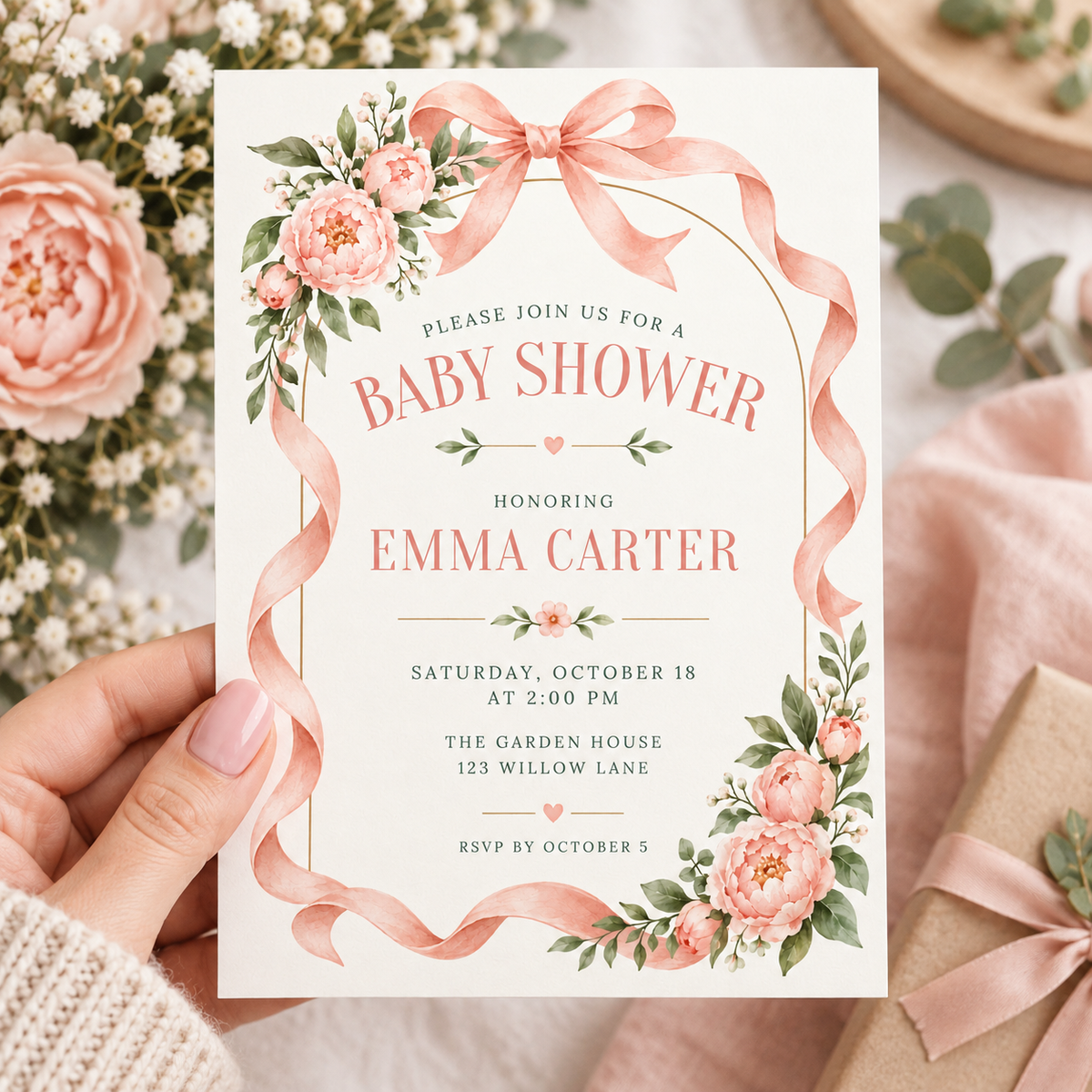 Blush peony baby shower invitation held in a hand beside pink roses