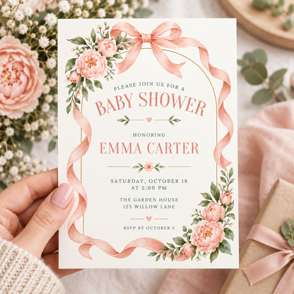 Blush peony baby shower invitation held in a hand beside pink roses