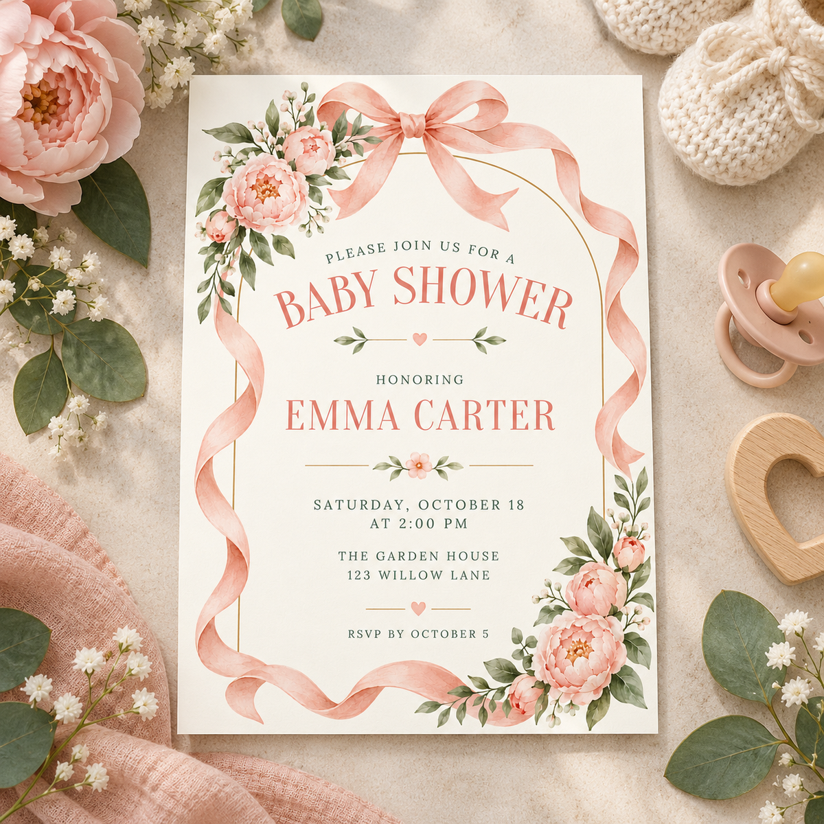 Ribbon arch baby shower card on blush linen with roses and booties