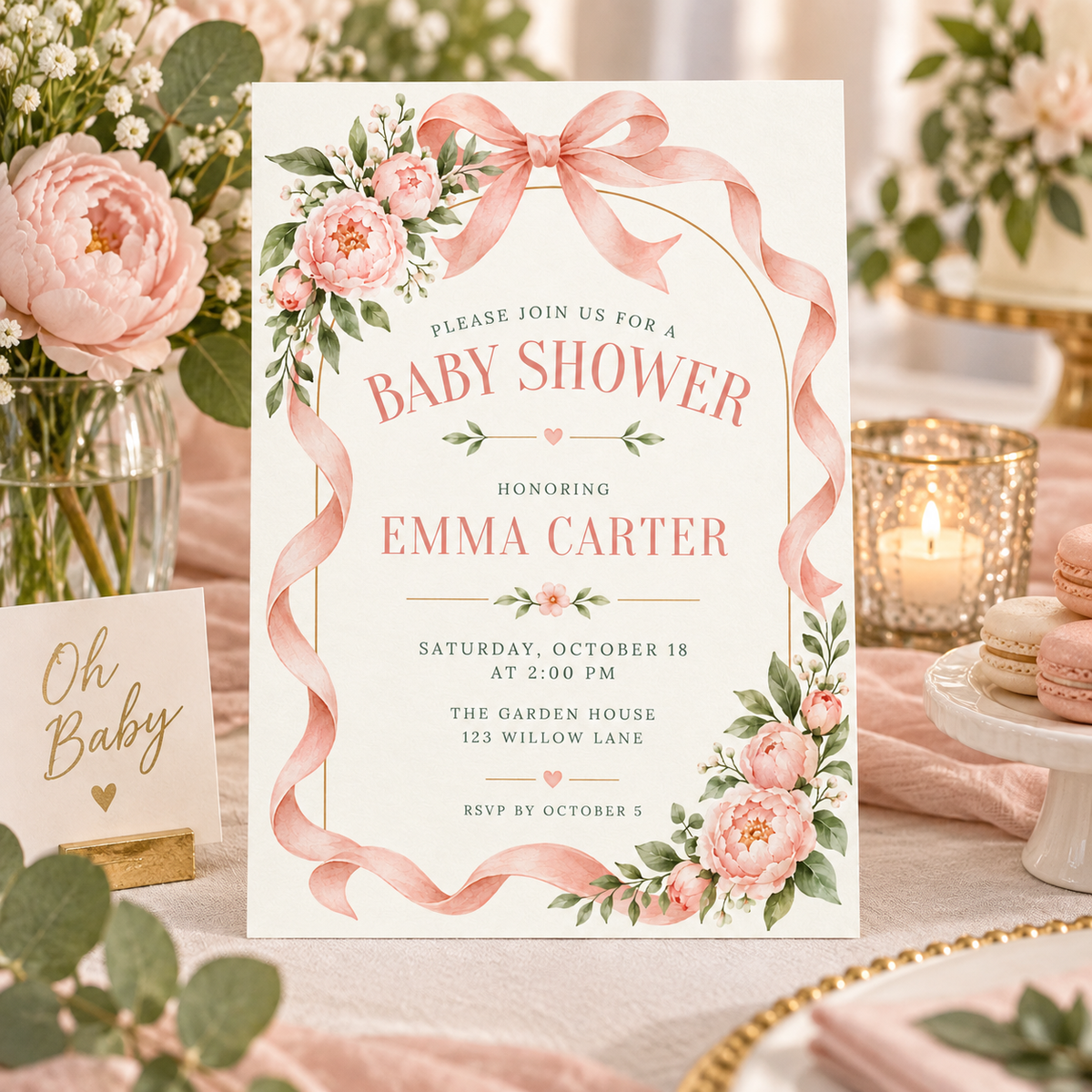 Peony baby shower invitation in a table scene with an Oh Baby sign and candles