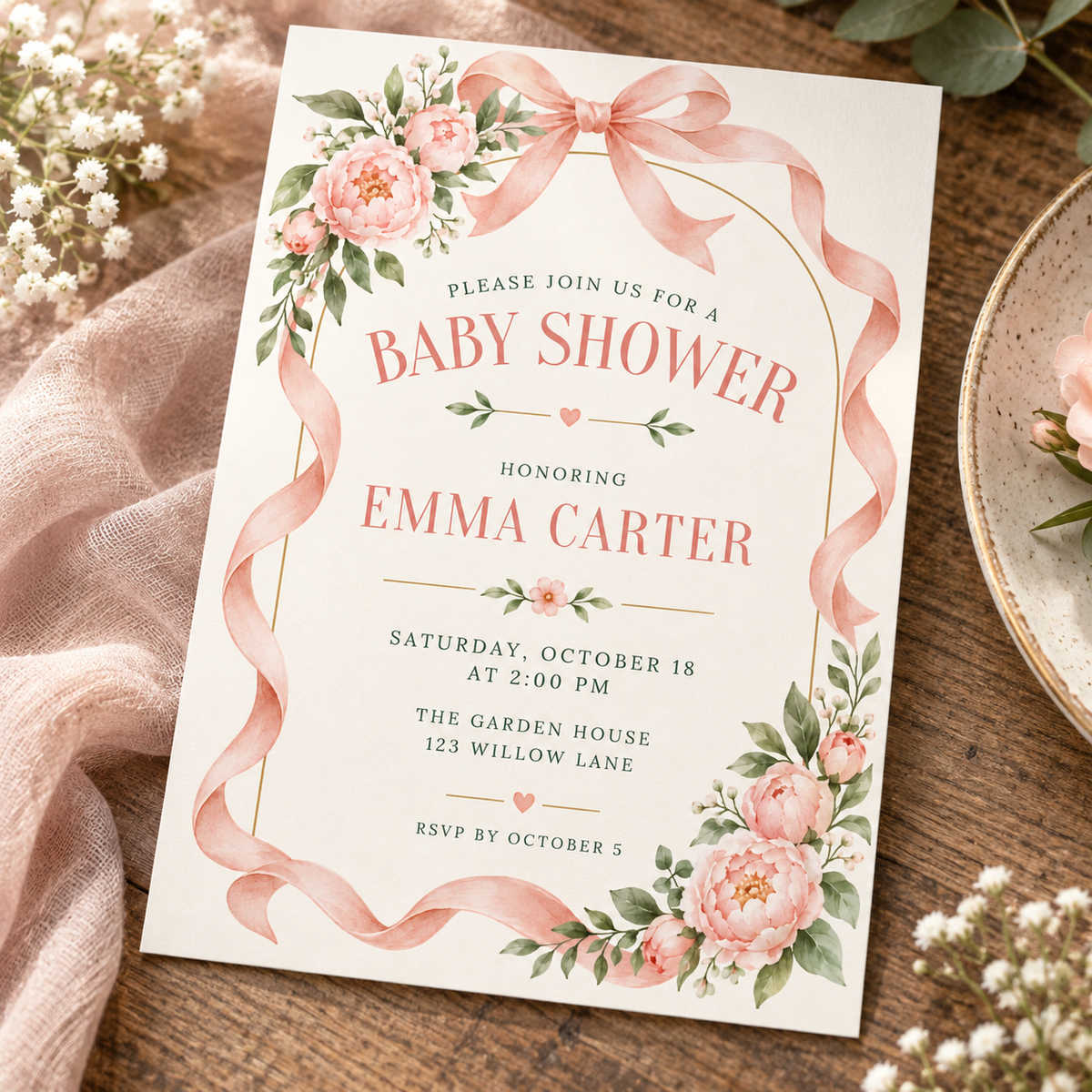 Angled pink ribbon baby shower invitation on a wooden table with linen