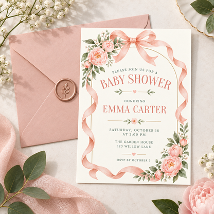 Blush peony baby shower invitation on a pink envelope with wax seal