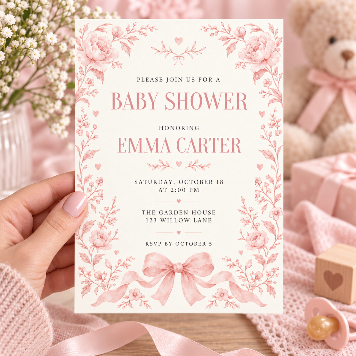 Pink toile baby shower invitation held in a hand beside a plush bear