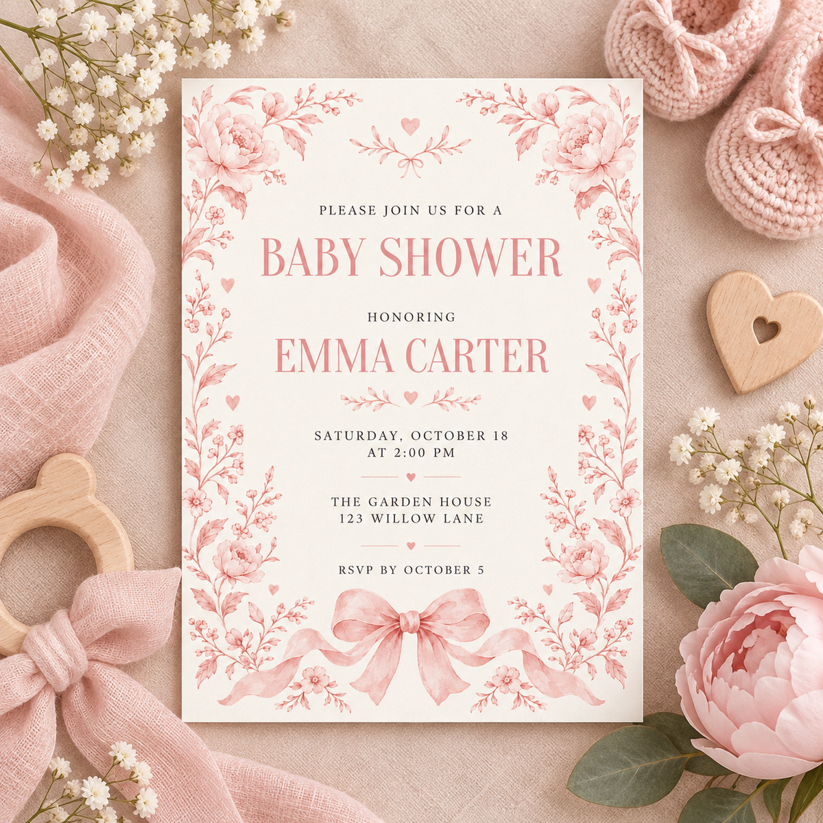 Vintage pink floral baby shower card on blush linen with roses