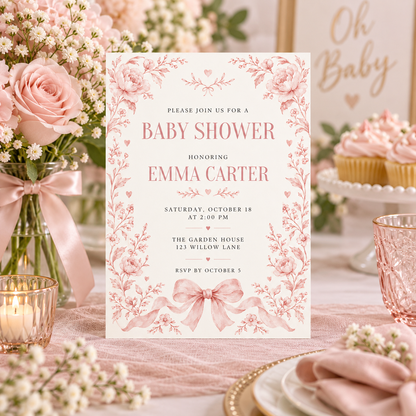 Pink toile baby shower invitation in a table scene with an Oh Baby sign