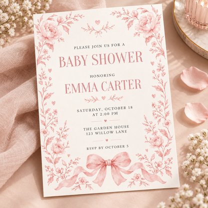 Angled pink floral border baby shower invitation on a pink cloth