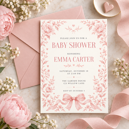 Pink toile baby shower invitation on a pink envelope with rose petals