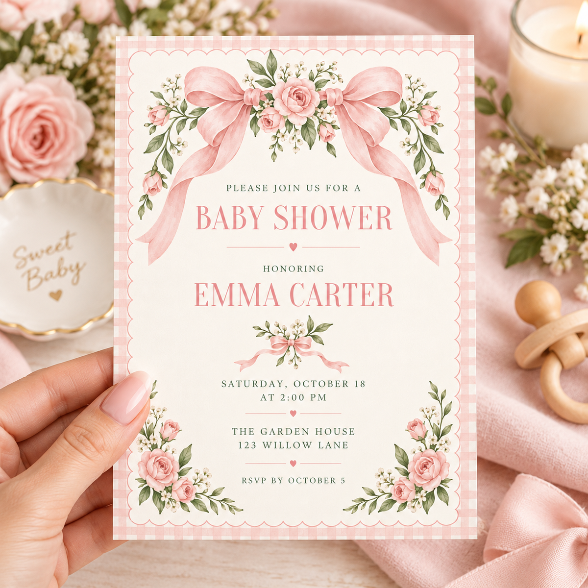 Pink rose bow baby shower invitation held in a hand beside a Sweet Baby sign