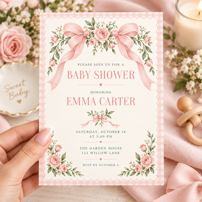 Pink rose bow baby shower invitation held in a hand beside a Sweet Baby sign