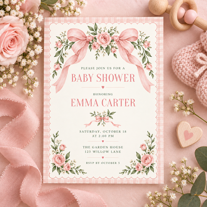 Pink bow baby shower card on blush linen with roses and baby's breath