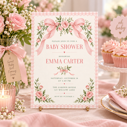 Pink rose baby shower invitation in a table scene with cupcakes and a tag
