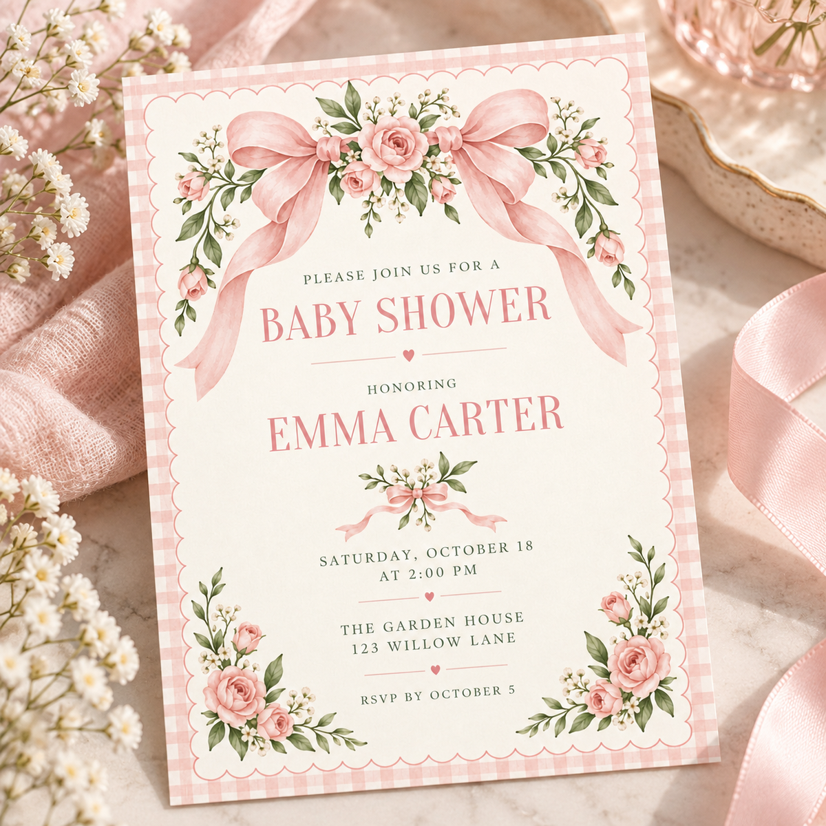 Angled pink gingham border baby shower invitation on a pink cloth