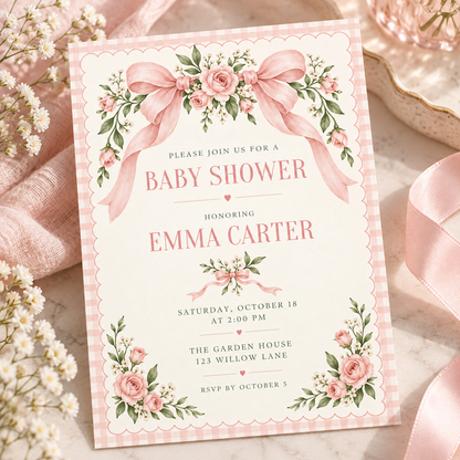 Angled pink gingham border baby shower invitation on a pink cloth