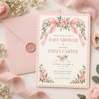 Pink rose bow baby shower invitation on a pink envelope with wax seal
