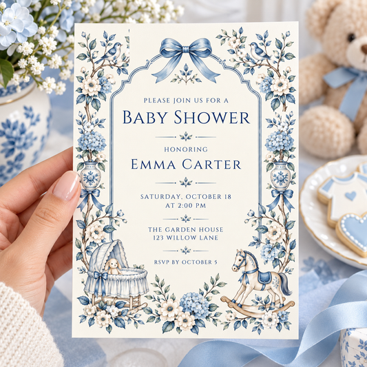 Blue hydrangea baby shower invitation held in a hand beside a teddy bear