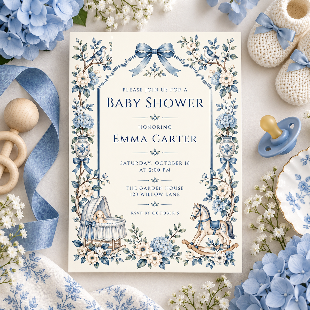 Hydrangea floral arch baby shower card on a table with blue ribbon and pacifier