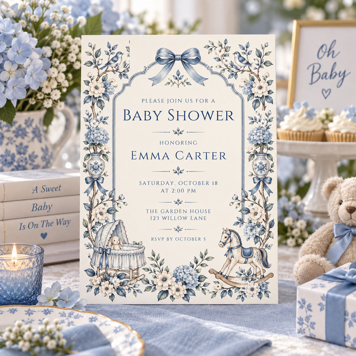 Blue floral baby shower invitation in a table scene with an Oh Baby sign