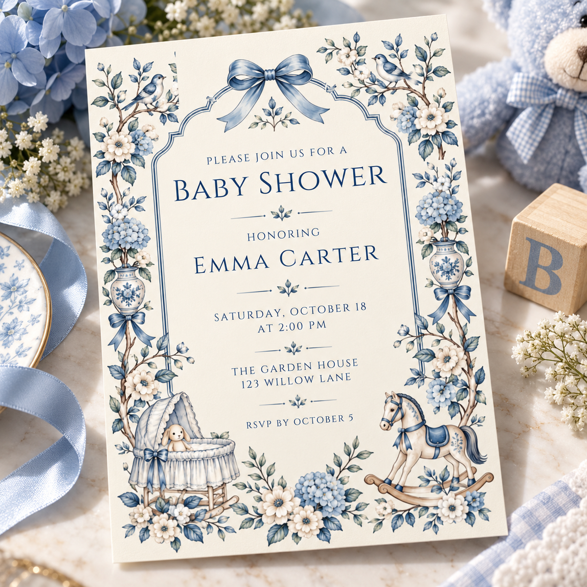 Angled blue hydrangea baby shower invitation among hydrangeas and baby's breath