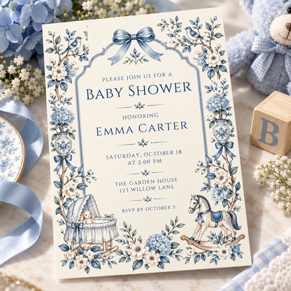 Angled blue hydrangea baby shower invitation among hydrangeas and baby's breath