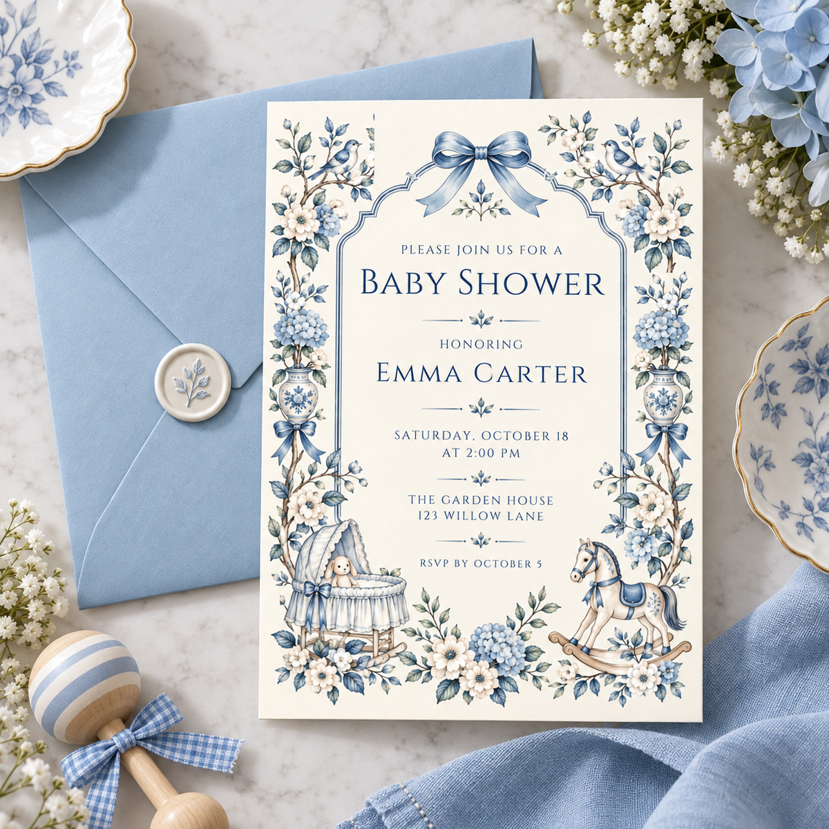 Blue hydrangea baby shower invitation on a blue envelope with wax seal
