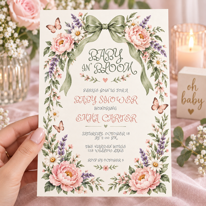 Baby in Bloom baby shower invitation with pink peonies held in a hand near candles