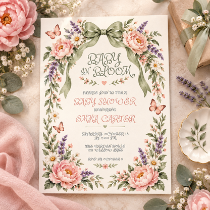 Floral baby shower invitation with lavender and sage bow on pink linen beside roses