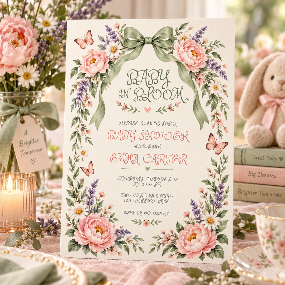 Baby in Bloom invitation on a table with peonies, a candle and a gift tag