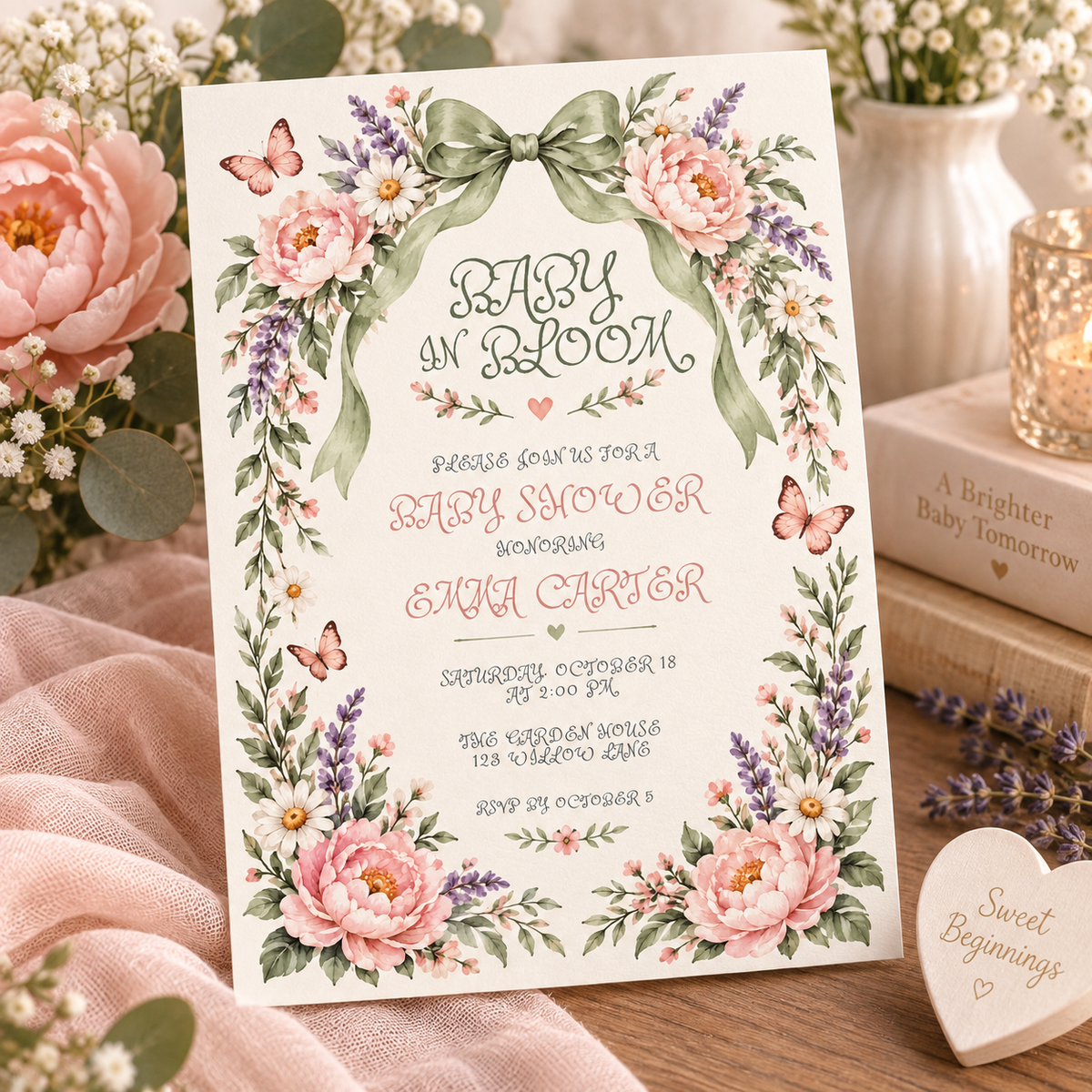 Peony and lavender baby shower card propped among flowers and a plush bunny