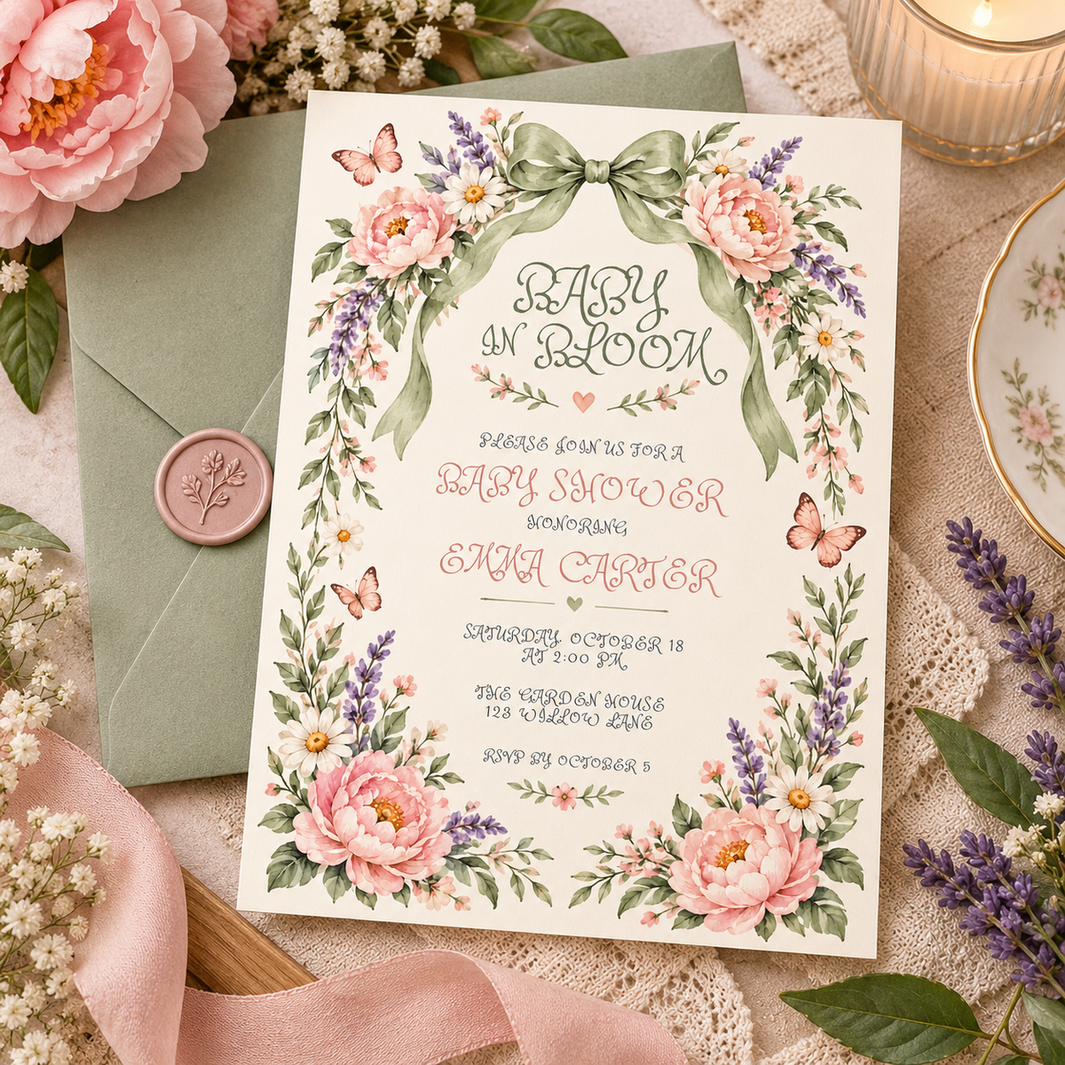 Baby in Bloom baby shower invitation on a sage envelope with a wax seal and heart