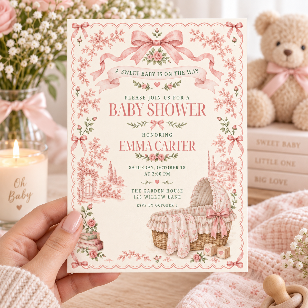 Hand holding a pink toile baby shower invitation with bow and bassinet