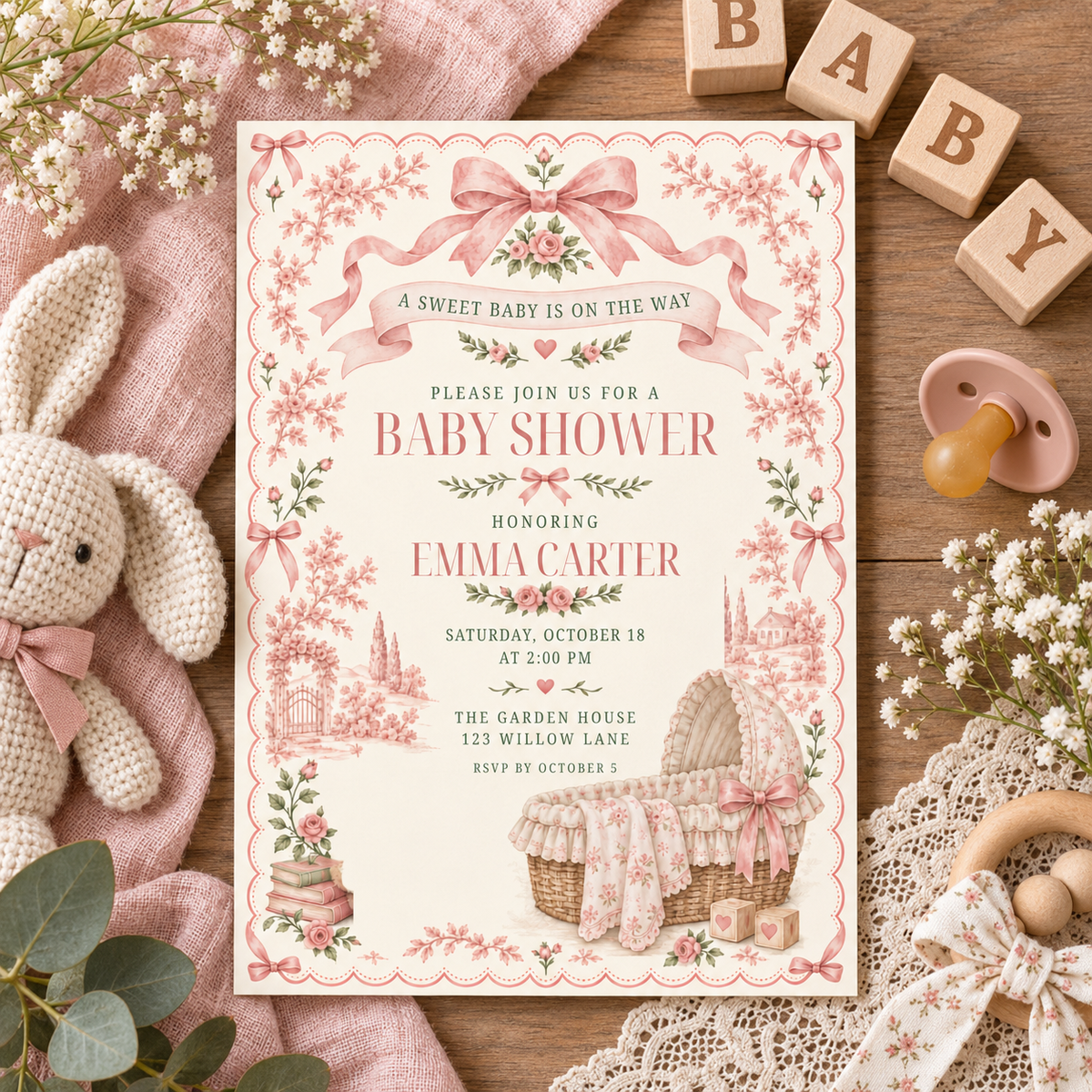 Pink toile invitation on a wooden table with a crochet bunny and baby blocks