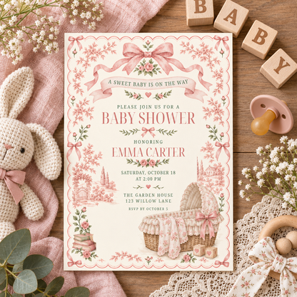Pink toile invitation on a wooden table with a crochet bunny and baby blocks