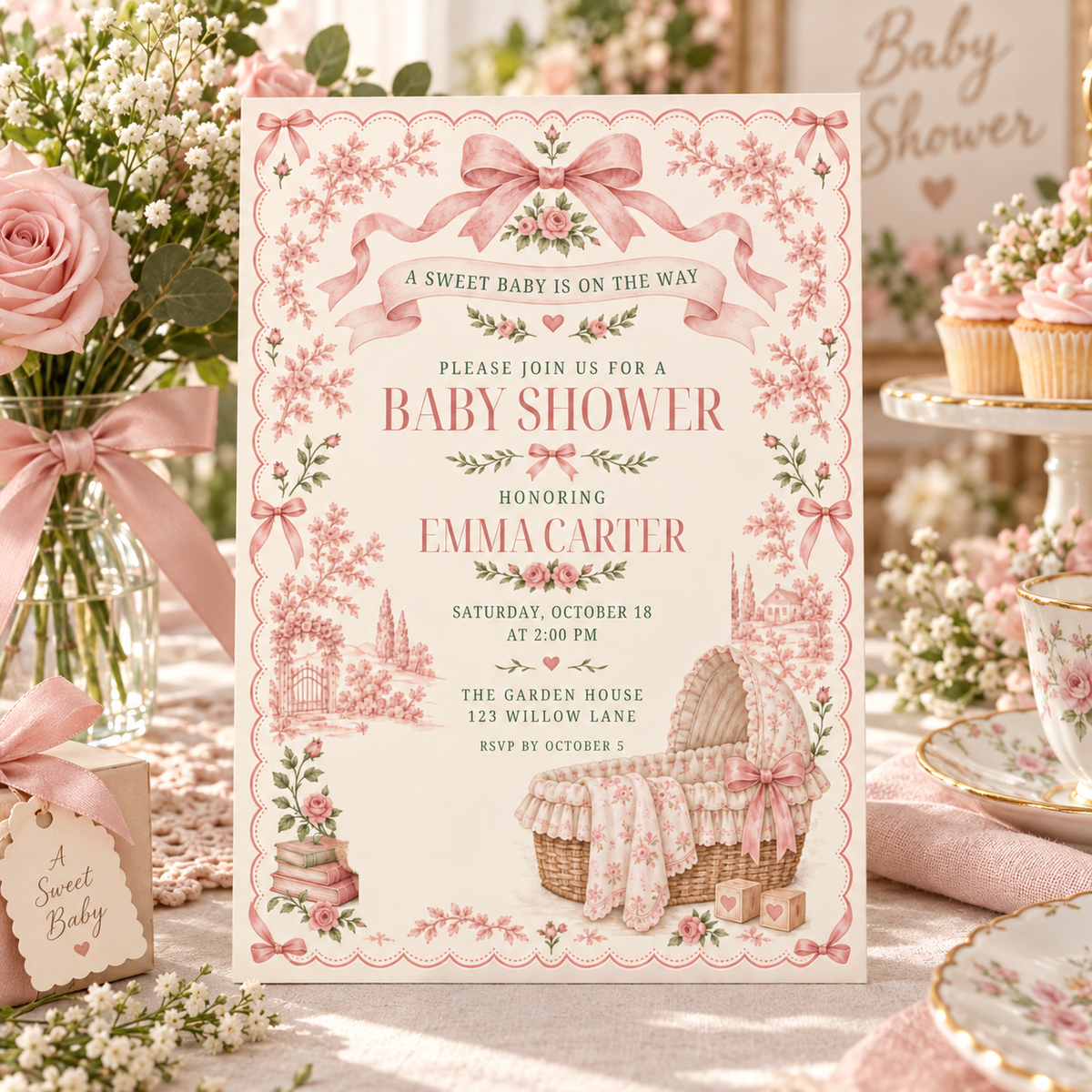 Toile baby shower invitation beside pink roses, candles and baby breath