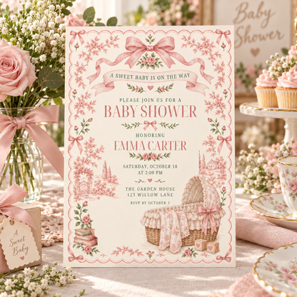 Toile baby shower invitation beside pink roses, candles and baby breath