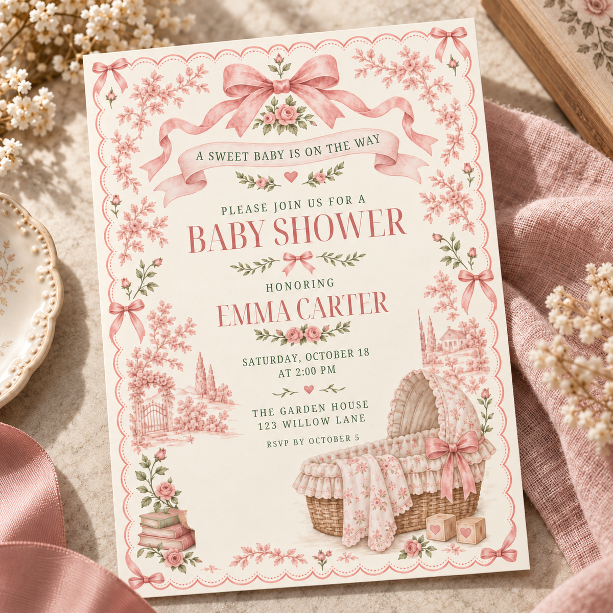 Angled pink toile bassinet invitation on a lace cloth