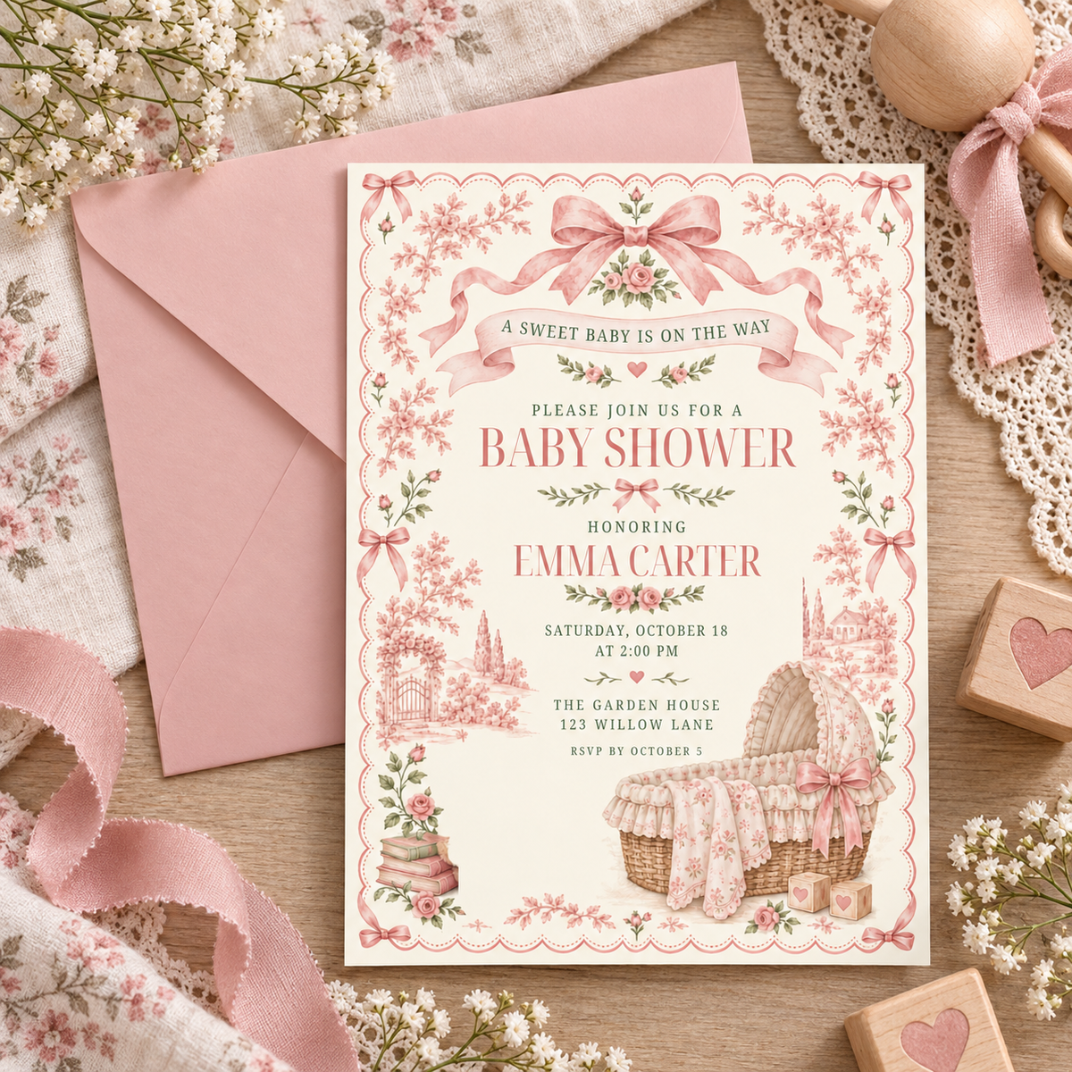 Pink toile baby shower invitation on a pink envelope with ribbon