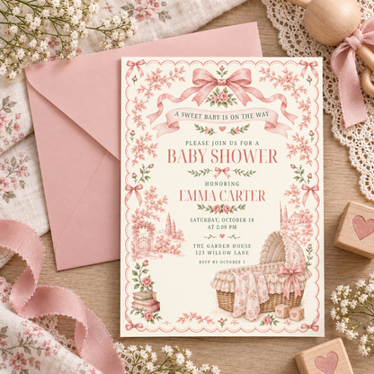 Pink toile baby shower invitation on a pink envelope with ribbon