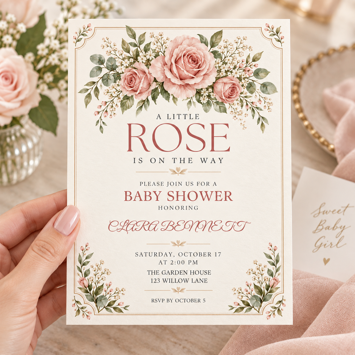 Hand holding an A Little Rose Is On The Way baby shower invitation with rose garland