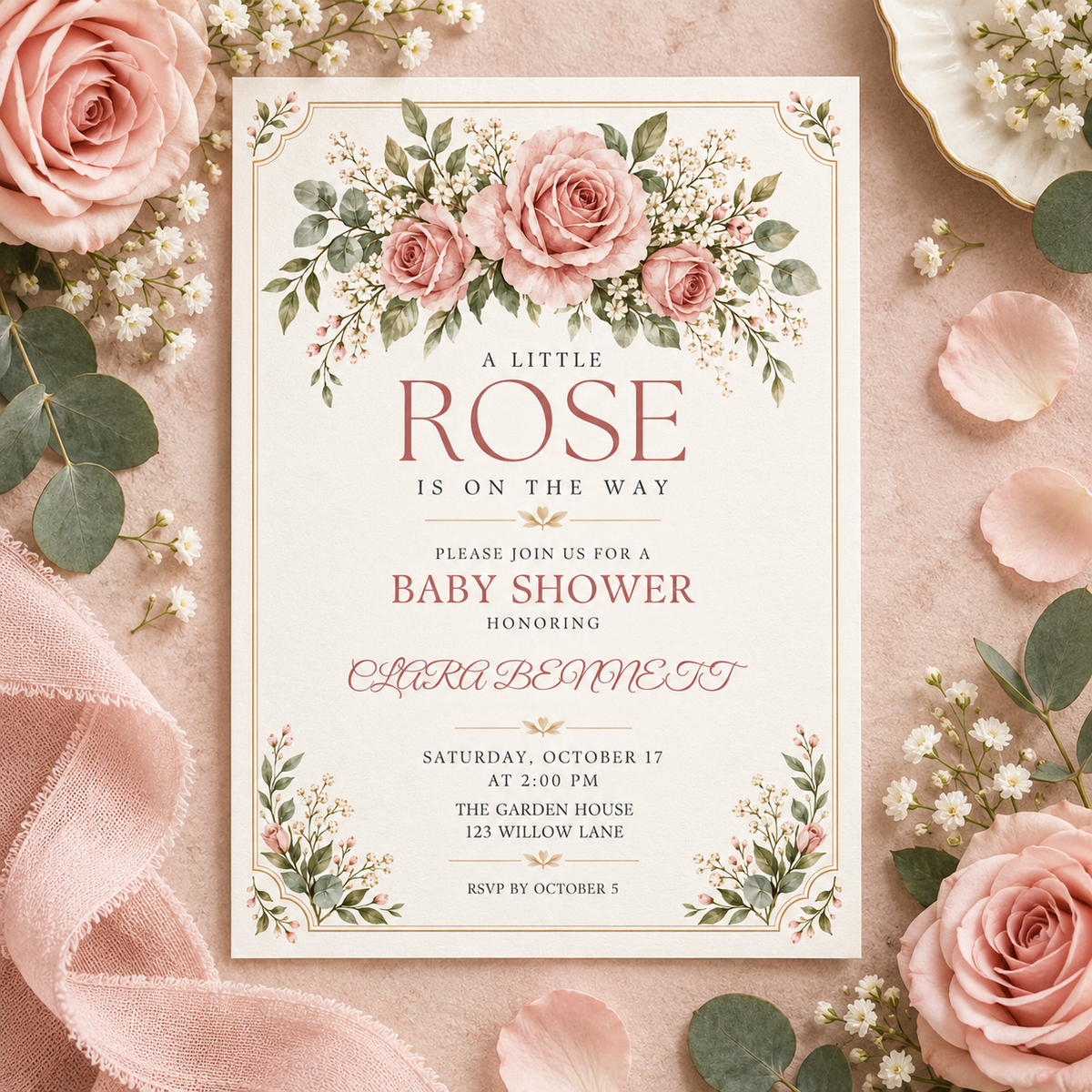 Blush rose garland baby shower invitation on a pink table with flowers