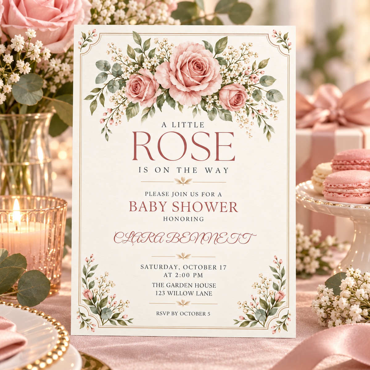 Little Rose baby shower invitation among candles, roses and a teacup