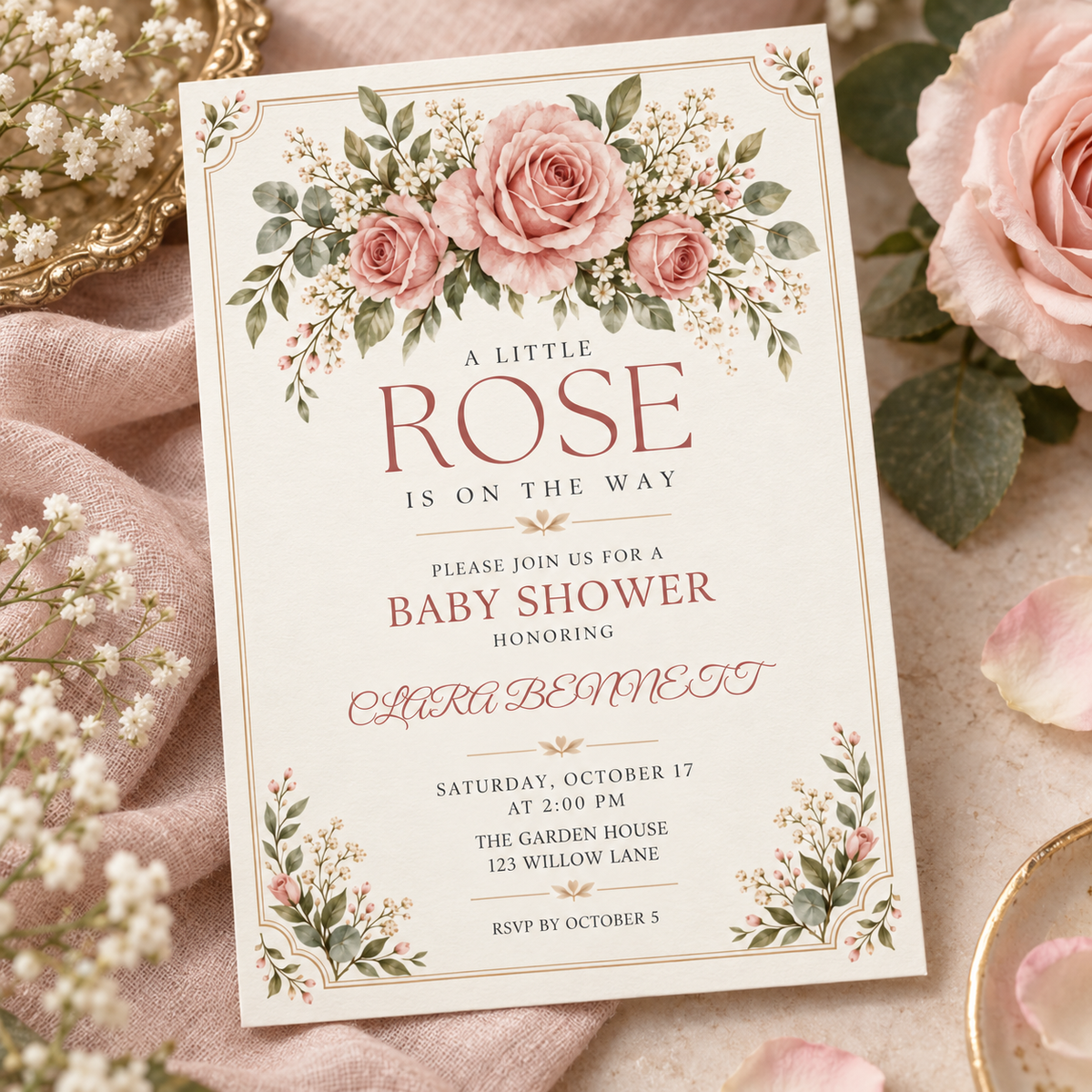 Angled cream baby shower invitation with blush roses across the top