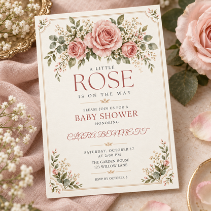 Angled cream baby shower invitation with blush roses across the top