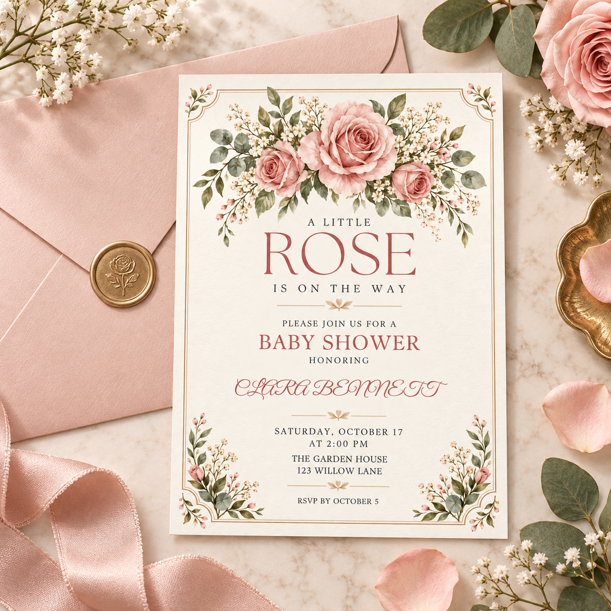 Rose garland baby shower invitation on a pink envelope with wax seal